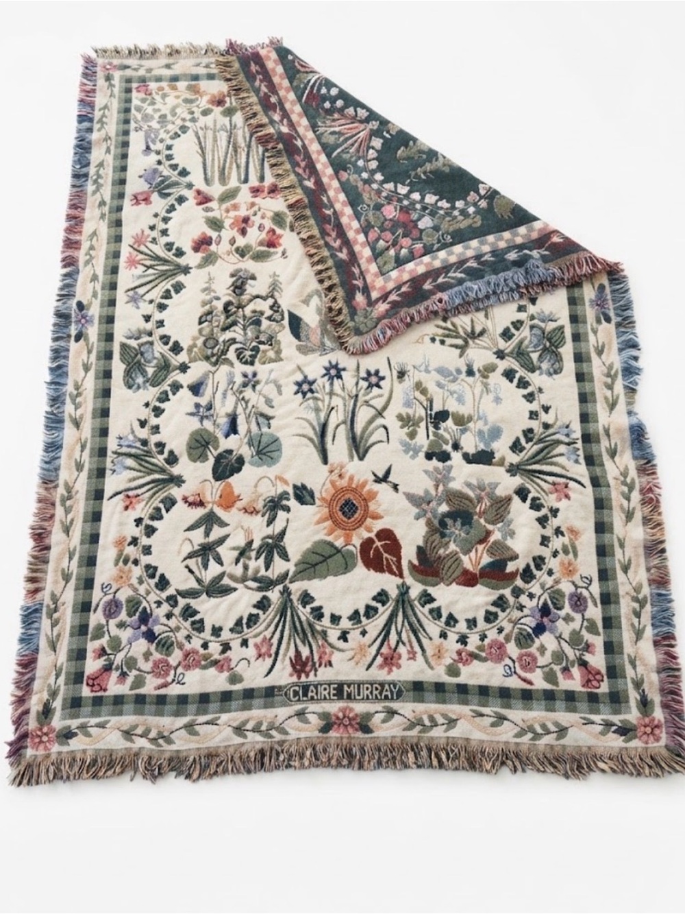 Floral Jacquard Throw Blanket in Cream and Green
